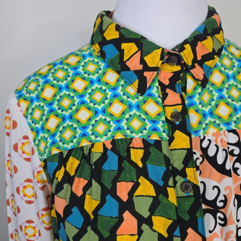 Maeve by Anthropologie Mixed Print Patchwork Button Down Shirt Multicolor Medium